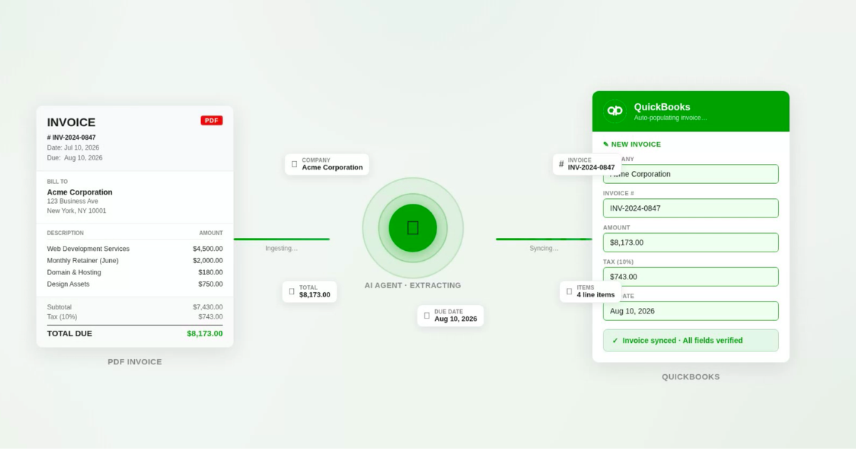 AI invoice agent scanning a PDF invoice and auto-populating the data into QuickBooks