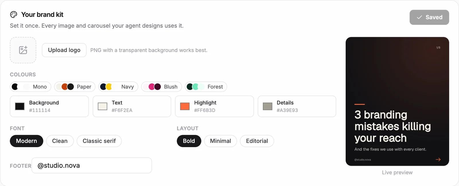 The brand kit: logo, colours, font and layout with a live slide preview