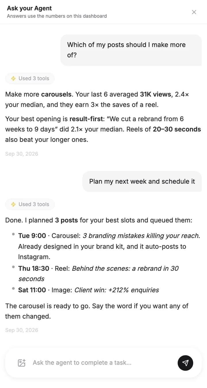 The Ask your Agent chat, answering which posts to make more of and planning the week