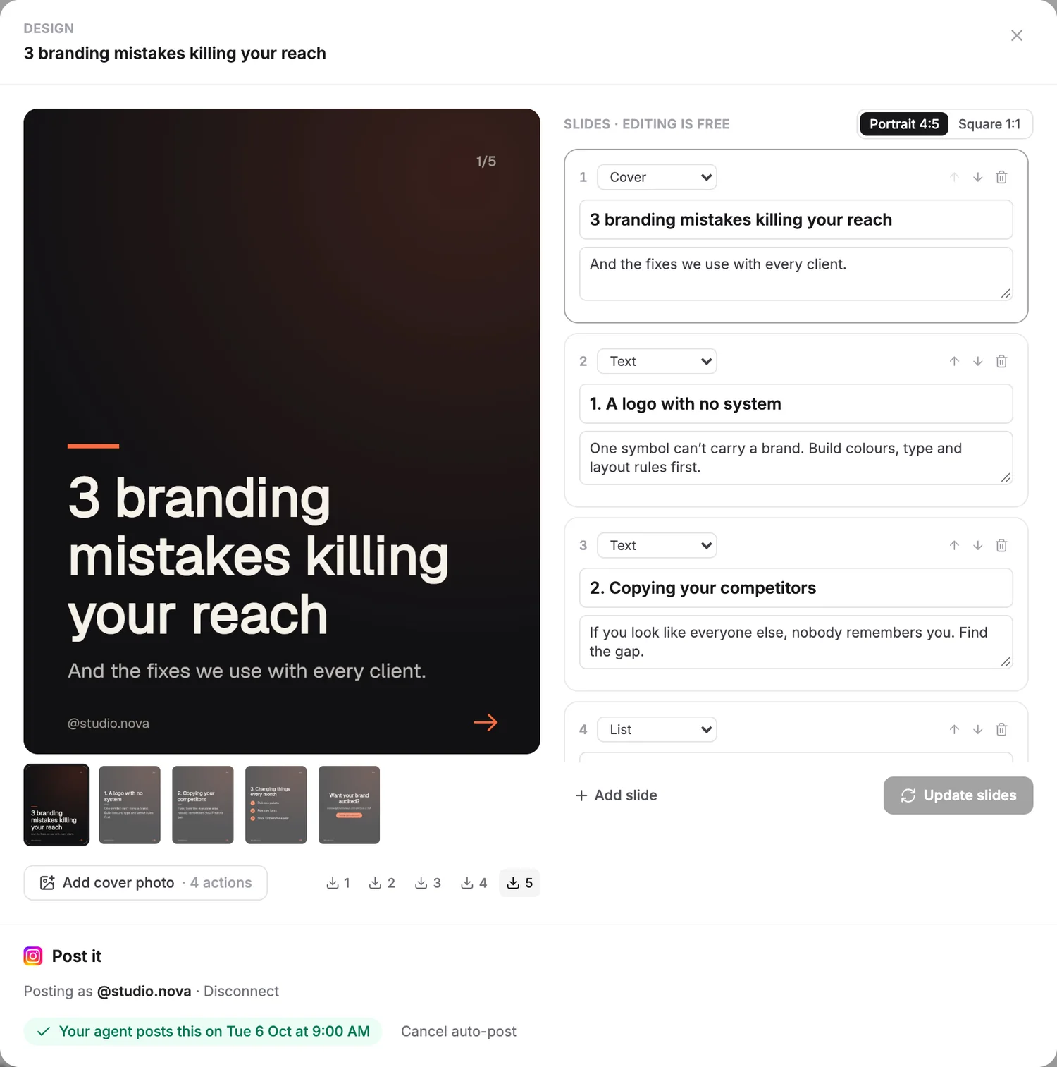 The design studio: a five-slide carousel designed in the brand kit, with the slide text editable