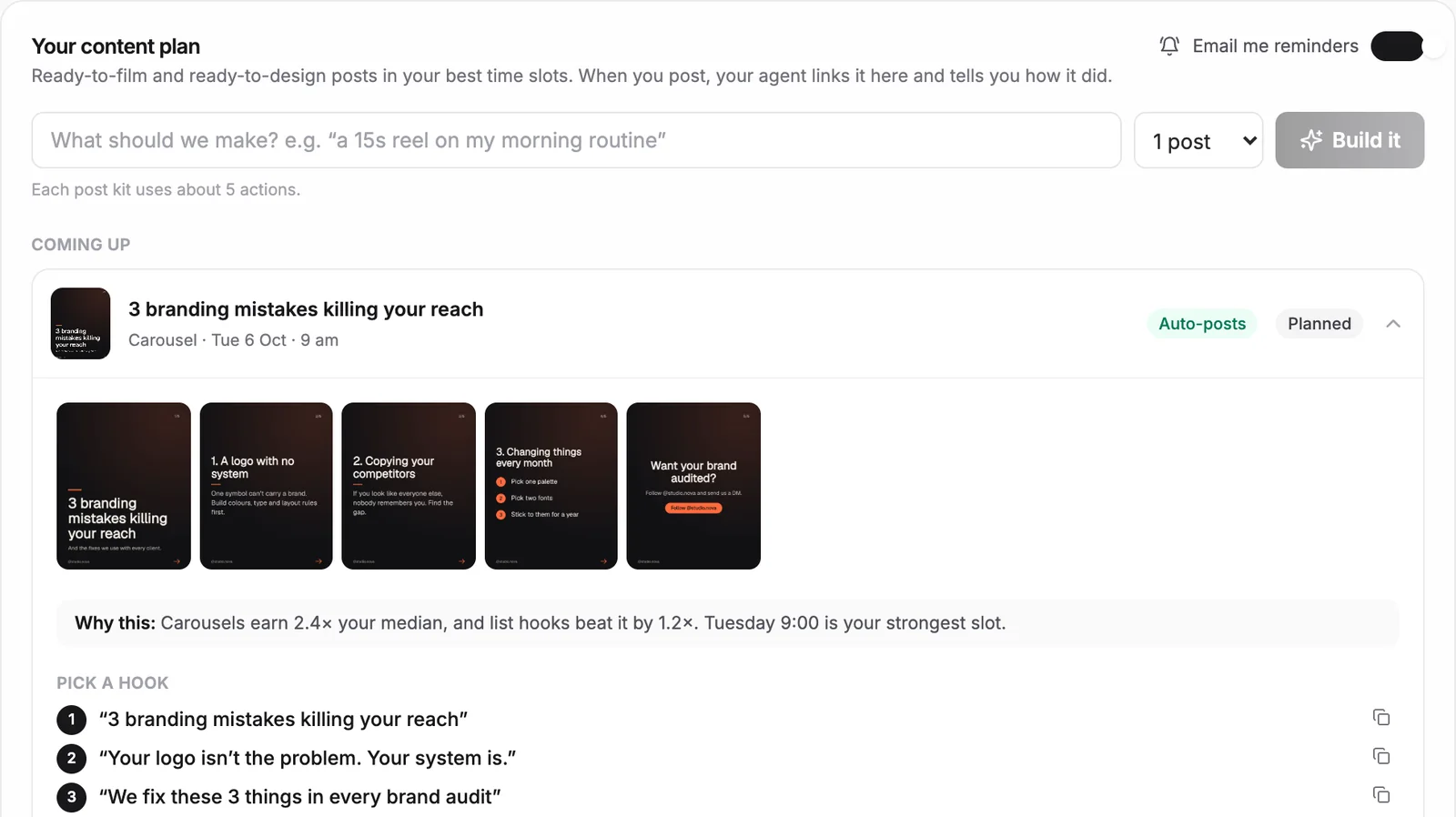 The content plan: a designed carousel set to auto-post, with hooks, script and caption ready