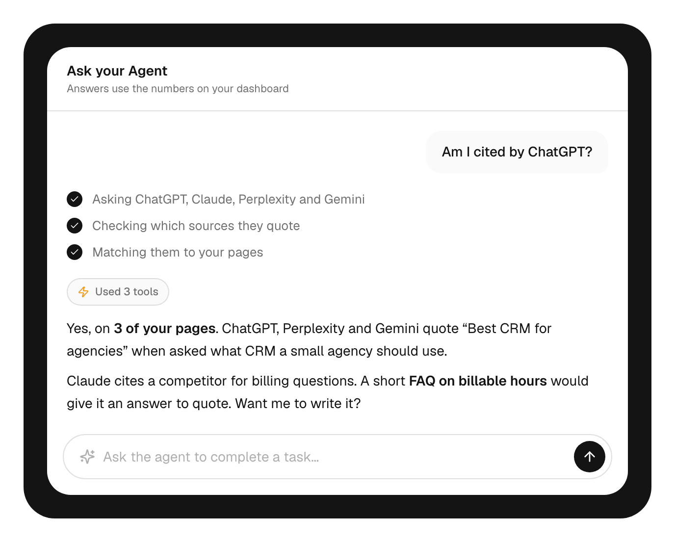 A chat with the SEO and GEO agent: asked Am I cited by ChatGPT, it checks ChatGPT, Claude, Perplexity and Gemini, finds the site cited on 3 pages, and suggests a billable hours FAQ to win a question where Claude cites a competitor