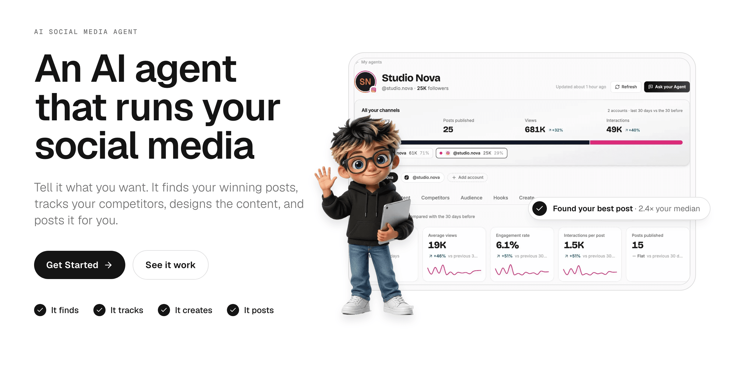 The Talk to me Data social media AI agent dashboard showing followers, views, engagement rate and a best post found at 2.4x the account's median
