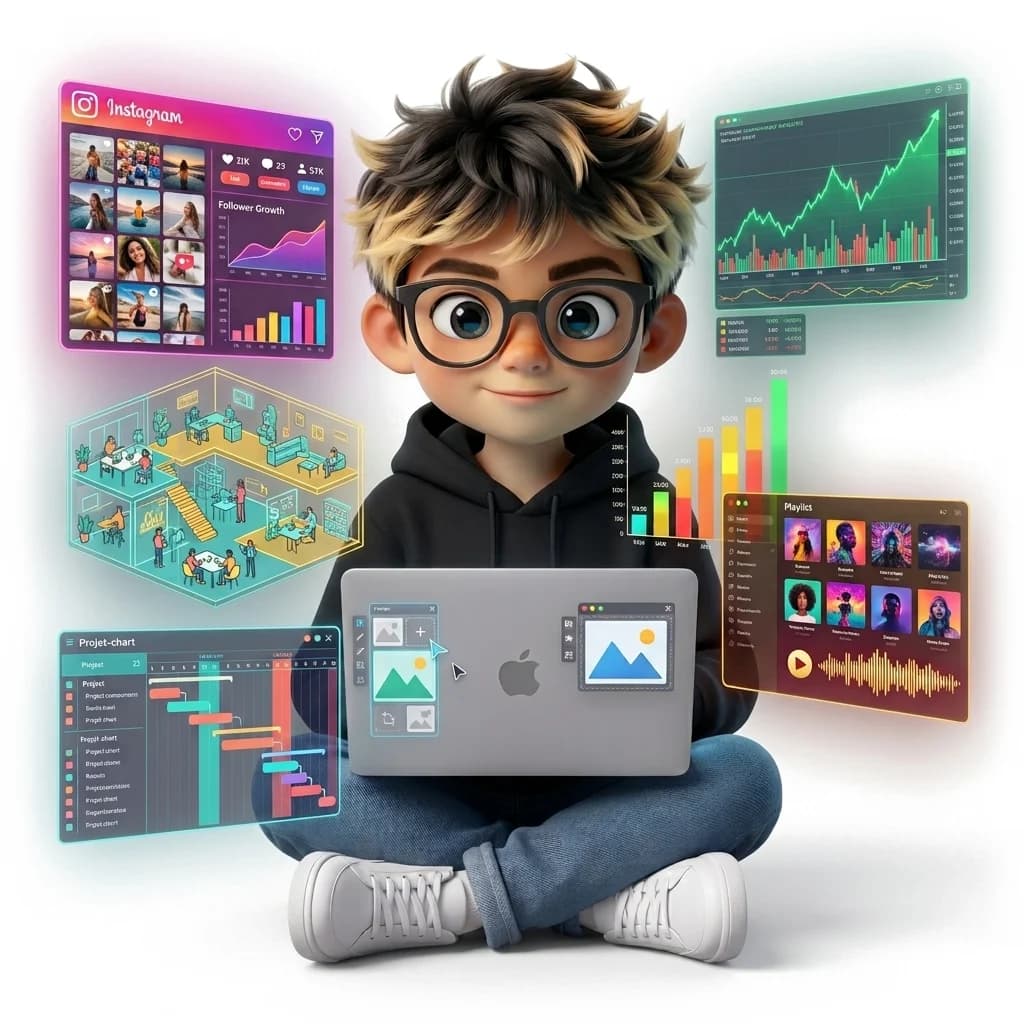 Talk to me Data's AI agent ambassador working on a laptop, surrounded by dashboards for social media, analytics, projects and music