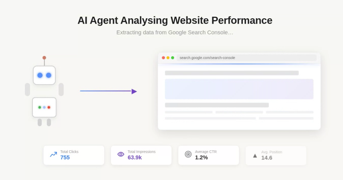 An AI agent extracting website performance data from Google Search Console — total clicks, impressions, average CTR, and average position
