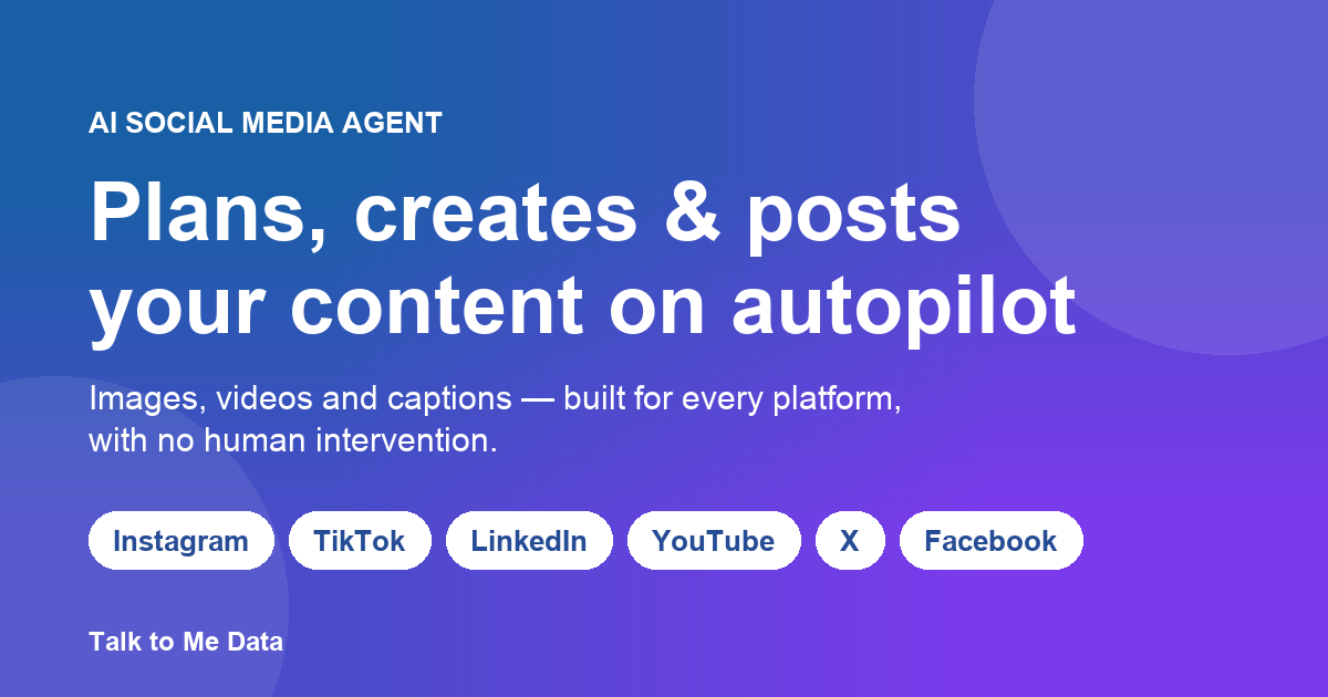 An AI social media agent creating images, videos, and captions for Instagram, TikTok, LinkedIn, YouTube, X, and Facebook